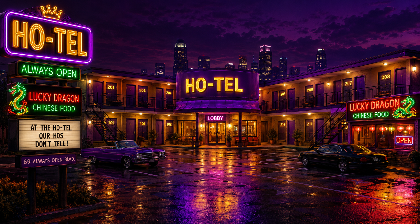 The official HO-TEL property at sunset