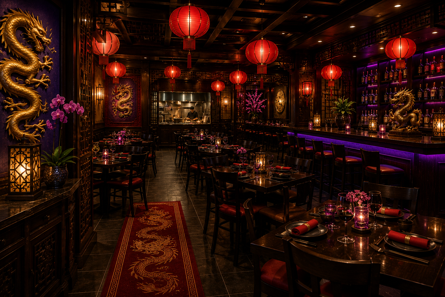 Elegant Lucky Dragon dining room with red lanterns, gold dragon decor, and purple bar lighting