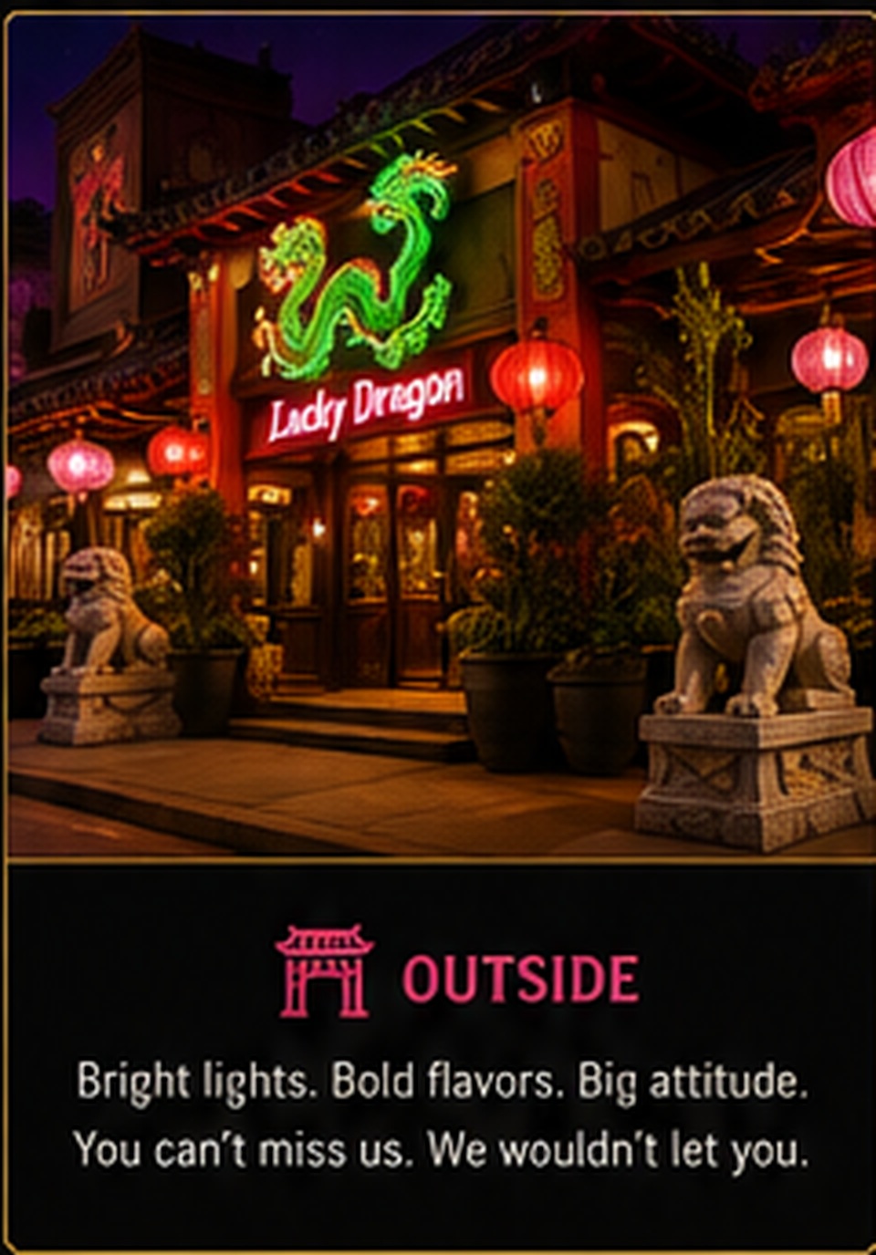 Lucky Dragon exterior with neon sign and lanterns